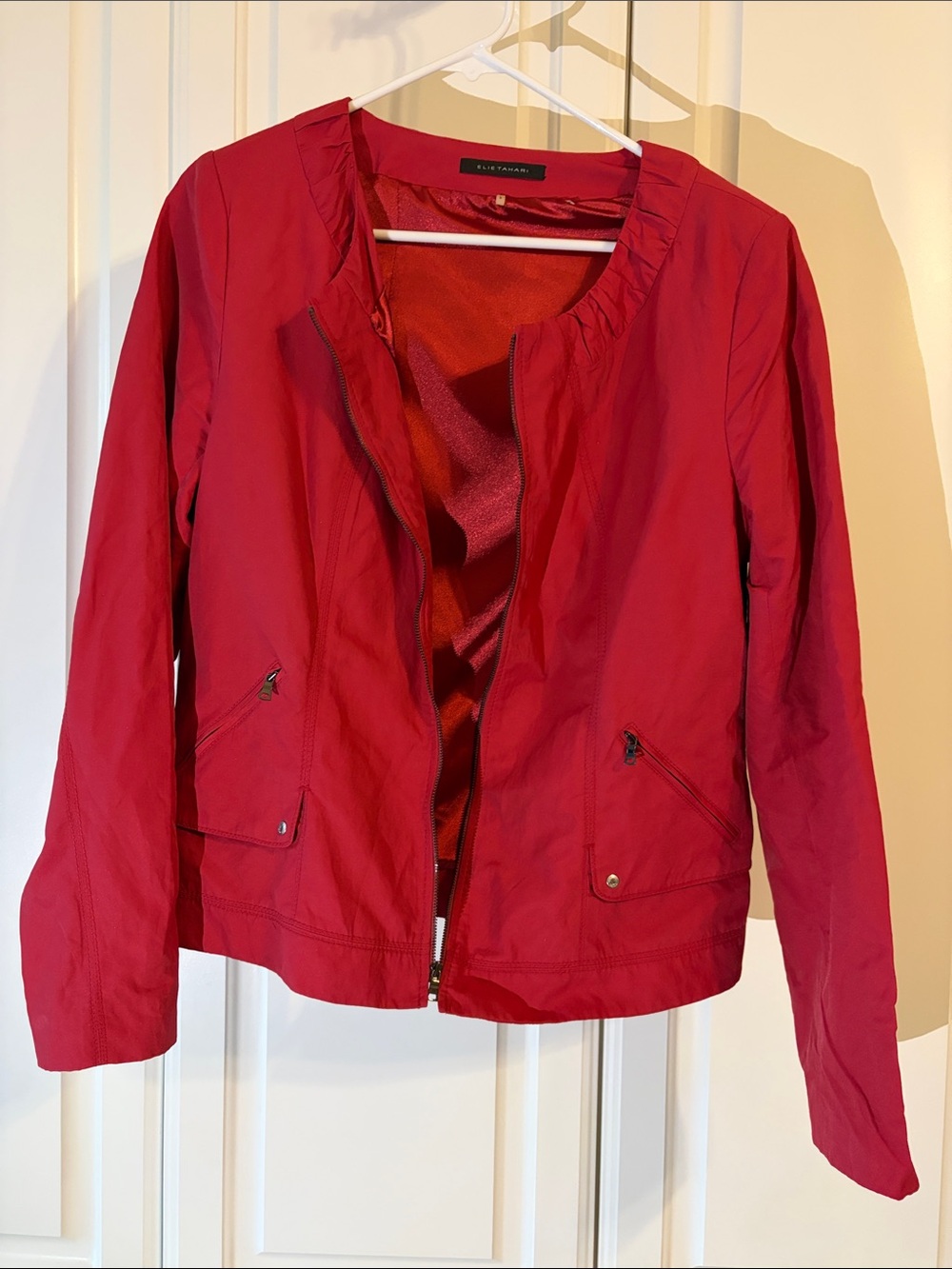 Ellen Tracy Bright Red Collarless Zip Jacket